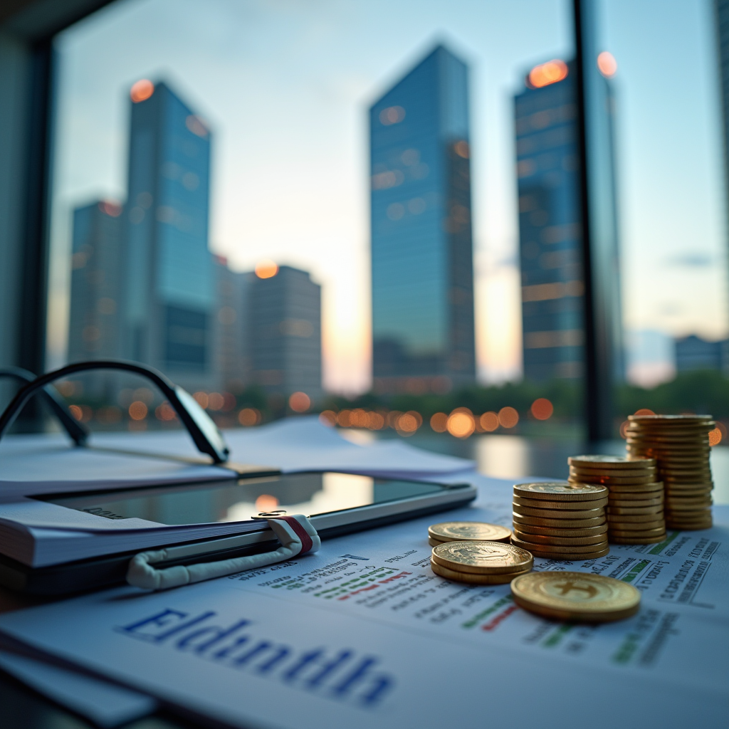 Rappresentazione visiva di eccellenza finanziaria con grattacieli moderni di Verona, documenti finanziari professionali e simboli di sicurezza e affidabilità nel settore bancario