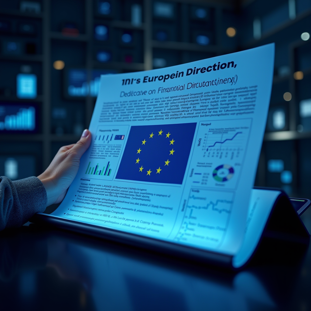 Immagine rappresentativa delle nuove direttive europee sulla trasparenza finanziaria: documento ufficiale dell'Unione Europea con bandiera europea, grafici finanziari digitali, simboli di conformità normativa e icone che rappresentano reporting aziendale, gestione crediti e intermediazione finanziaria, ambientazione professionale con toni blu scuro e metallici