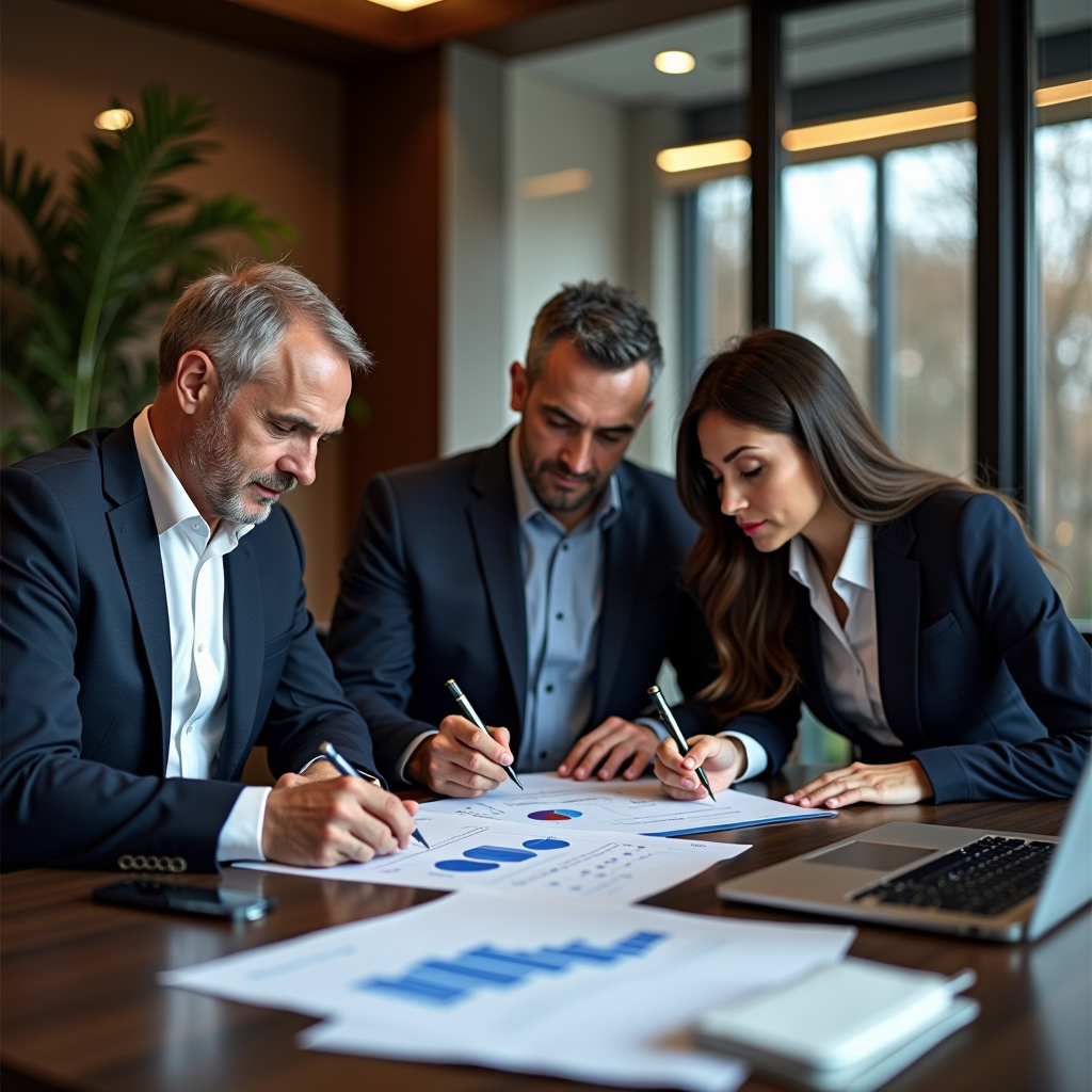 Consulenti finanziari professionisti di ONEOSIX S.P.A. in ufficio moderno a Verona che esaminano documenti con clienti presso una scrivania elegante con laptop e grafici finanziari visibili