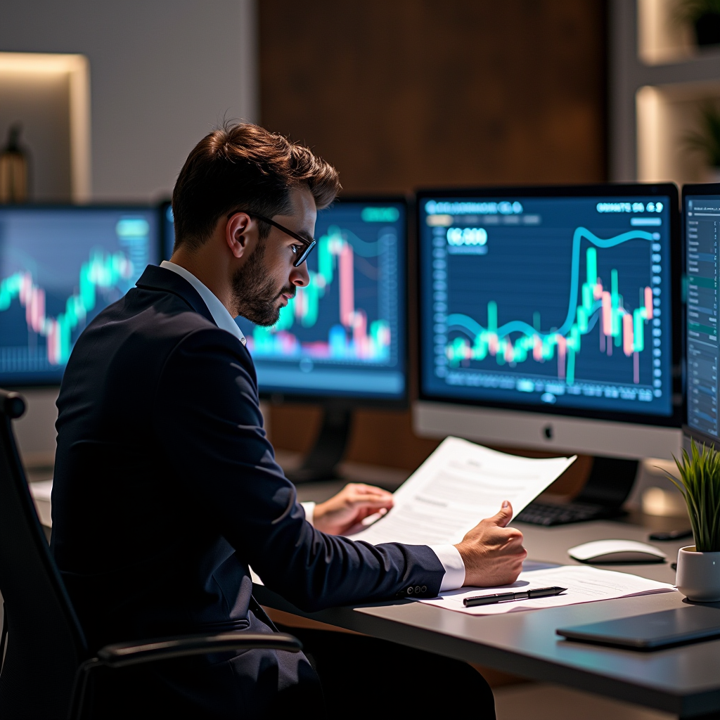 Consulente finanziario professionista di ONEOSIX S.P.A. che analizza grafici finanziari e documenti di investimento in un elegante ufficio moderno a Verona, con schermi che mostrano dati di mercato e strategie di gestione patrimonio