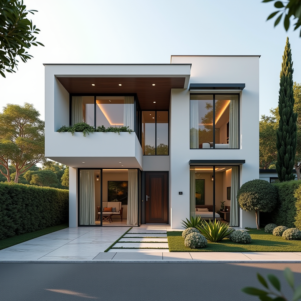 Elegante facciata di abitazione moderna italiana con architettura contemporanea, fotografia immobiliare professionale, illuminazione naturale, design residenziale sofisticato