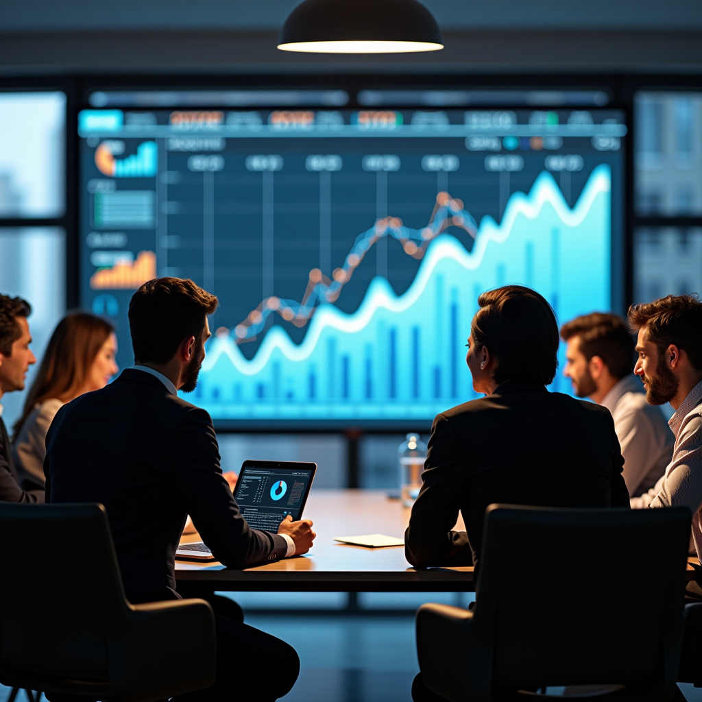 Team di imprenditori in sala riunioni moderna che discutono strategie di crescita aziendale, grafici di performance su schermo digitale, ambiente professionale e dinamico con tecnologia avanzata