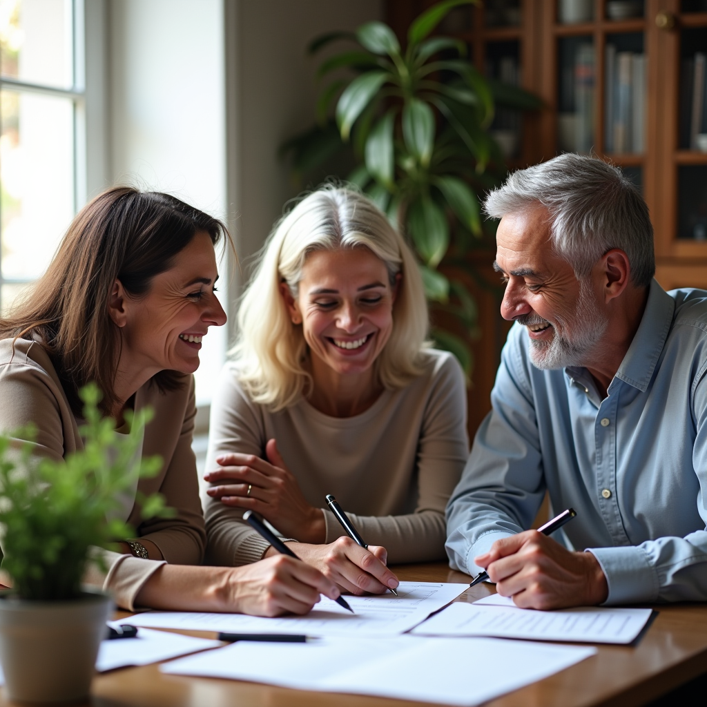 Famiglia italiana multigenerazionale sorridente che pianifica il futuro finanziario con consulente, documenti di pianificazione su tavolo, atmosfera serena e fiduciosa, luce naturale calda